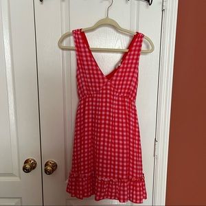 Pink & red gingham pattern, comes with matching belt, cute ruffles